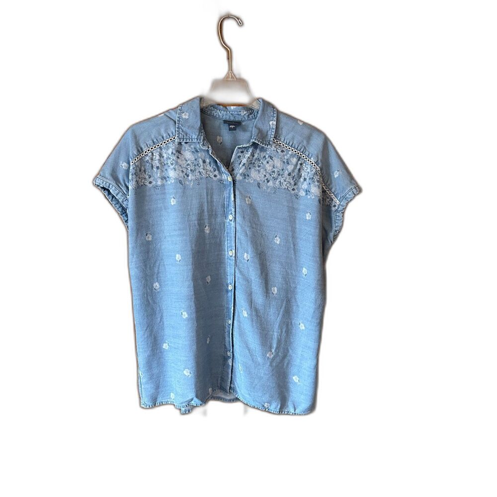 J. Jill Denim Floral Button down Cap Sleeve Collared Blouse